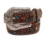 Ariat Kids' Brown Floral Embossed Belt with Turquoise Inlay & Rhinestones - 24