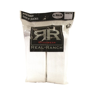 Real Ranch 6 Pack White Crew Socks, Size 10-13