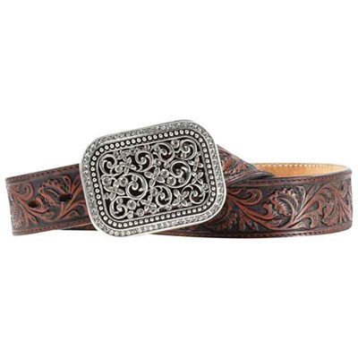 Ariat Women's Dark Brown Embossed Leather Belt with Rhinestone Filigree Buckle - XL