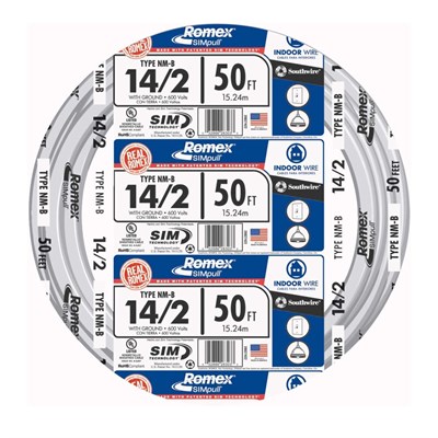 Southwire Building Wire 14 Ga, 2 Conductor 15 Amp 600 V 90 Deg C 50-ft White