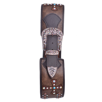 Kamberly Group Cross Rhinestone Studded Wide Leather Belt