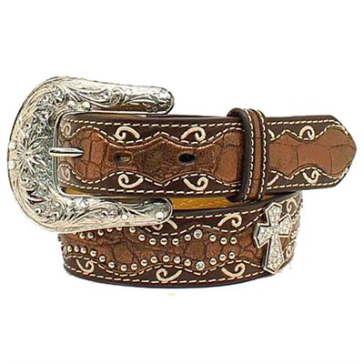 Ariat Kids' Brown Croc Print & Cross Leather Belt - 22